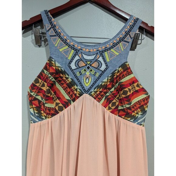 Flying Tomato Maxi Dress Peach Chiffon Embroidered Aztec Strapless Top Sz L - Picture 4 of 16